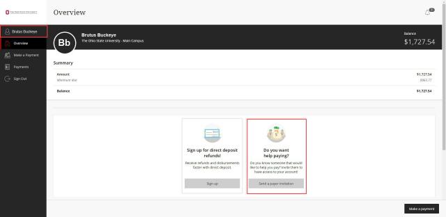 The Ohio State University ePayment site landing page. The students name located in the top left corner is highlighted. A panel Do you want help paying panel appears below the account summary, amount and balance. A Make a payment button appears at the bottom of the page.