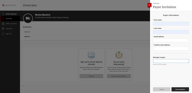 The Ohio State University ePayment site. landing page. A Payer Invitation tab is displayed. Payer Information fields include: First name, Last name, Email address and Confirm email address and Message to payer (optional). A Cancel button and Send invitation button appear at the bottom of the Payer Invitation tab